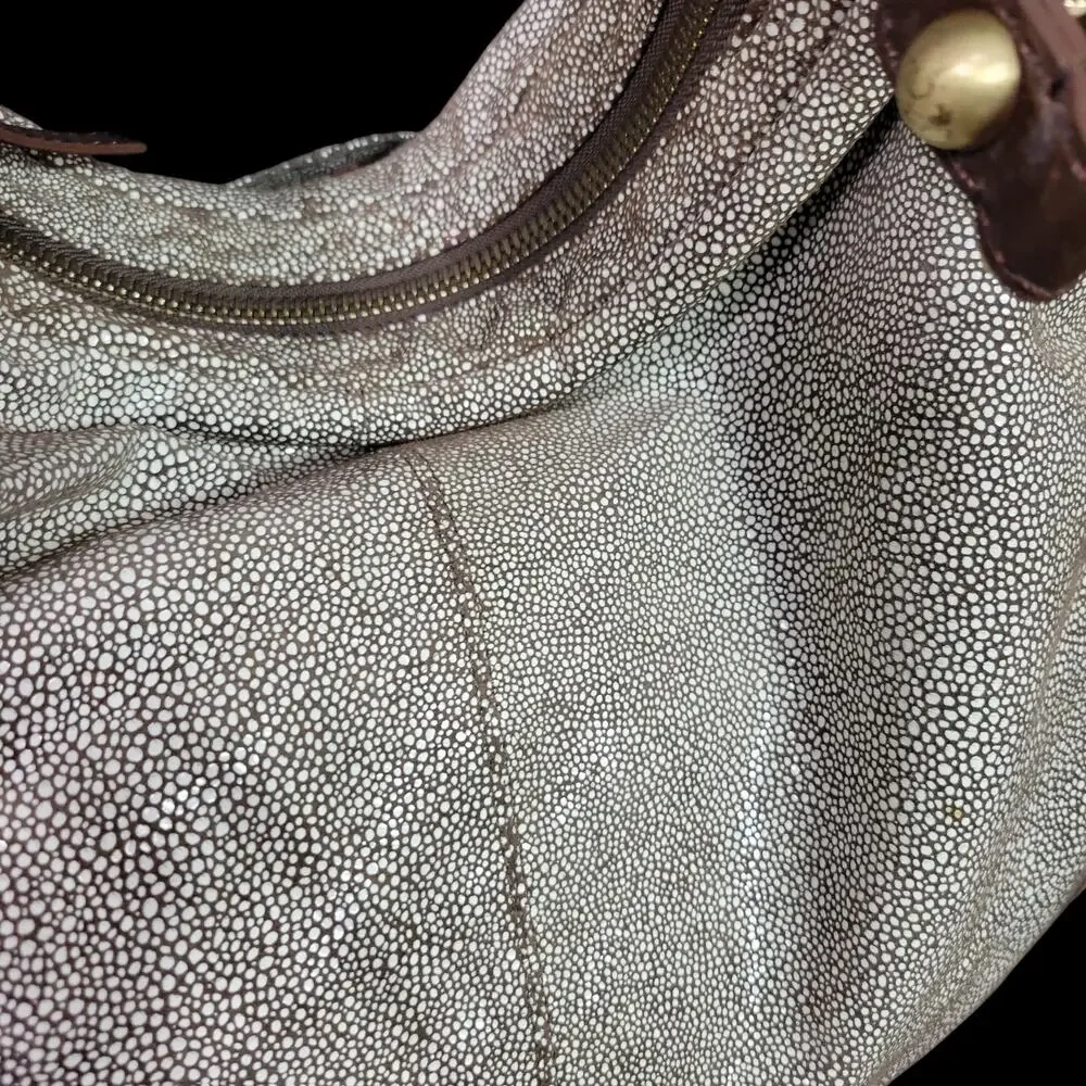 Hobo Slouchy Stingray Shoulder Bag Brown Shagreen Glaze Leather Curved Crossbody